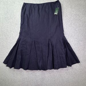 auren Ralph Lauren Navy Linen Flare Skirt Womens 8 Godet Midi Monte Carlo